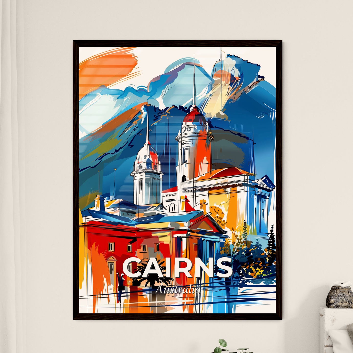 Vibrant Cairns, Australia - A Painting Of A Building With A Mountain In The Background