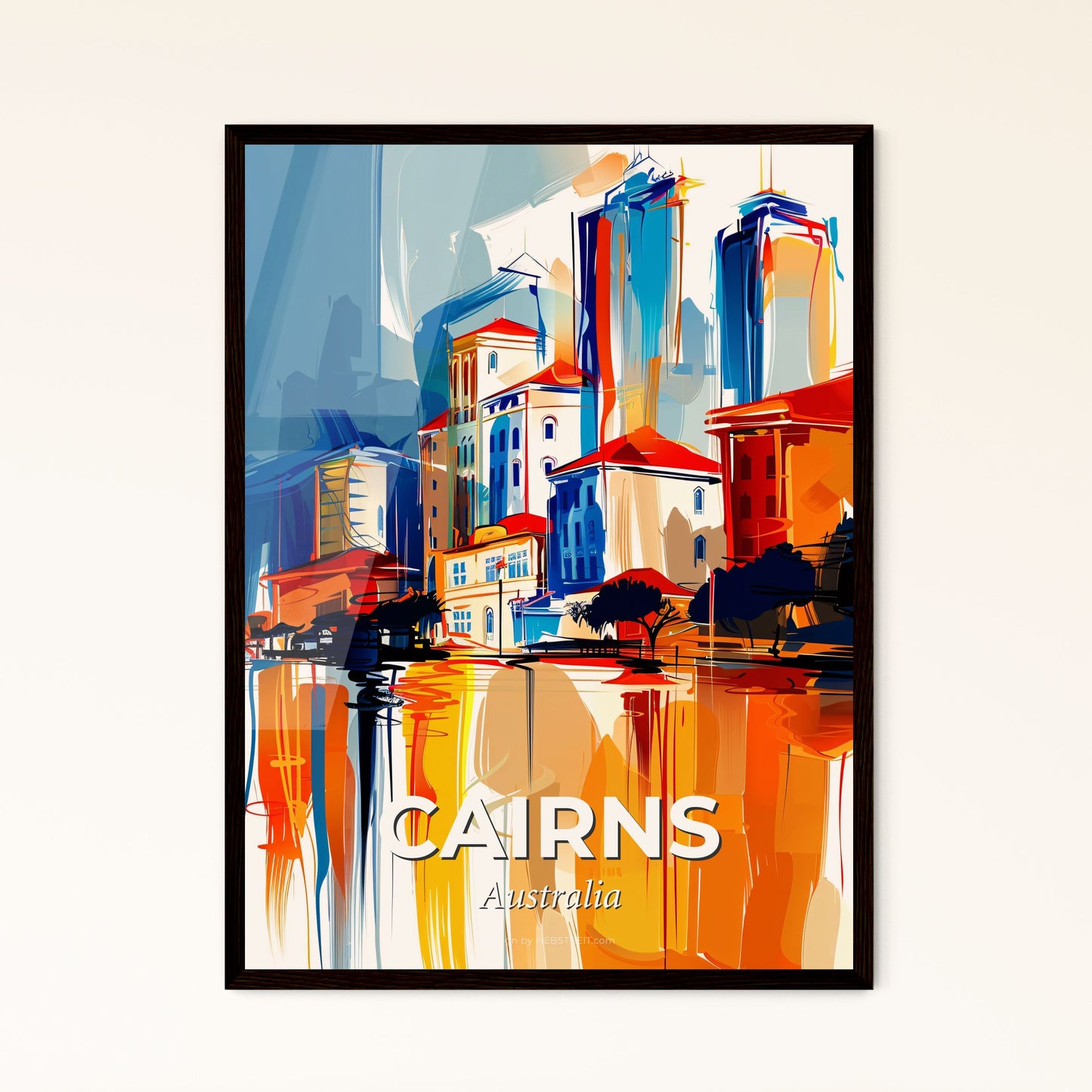 Vibrant Cairns, Australia - A Painting Of A City With Buildings And Water