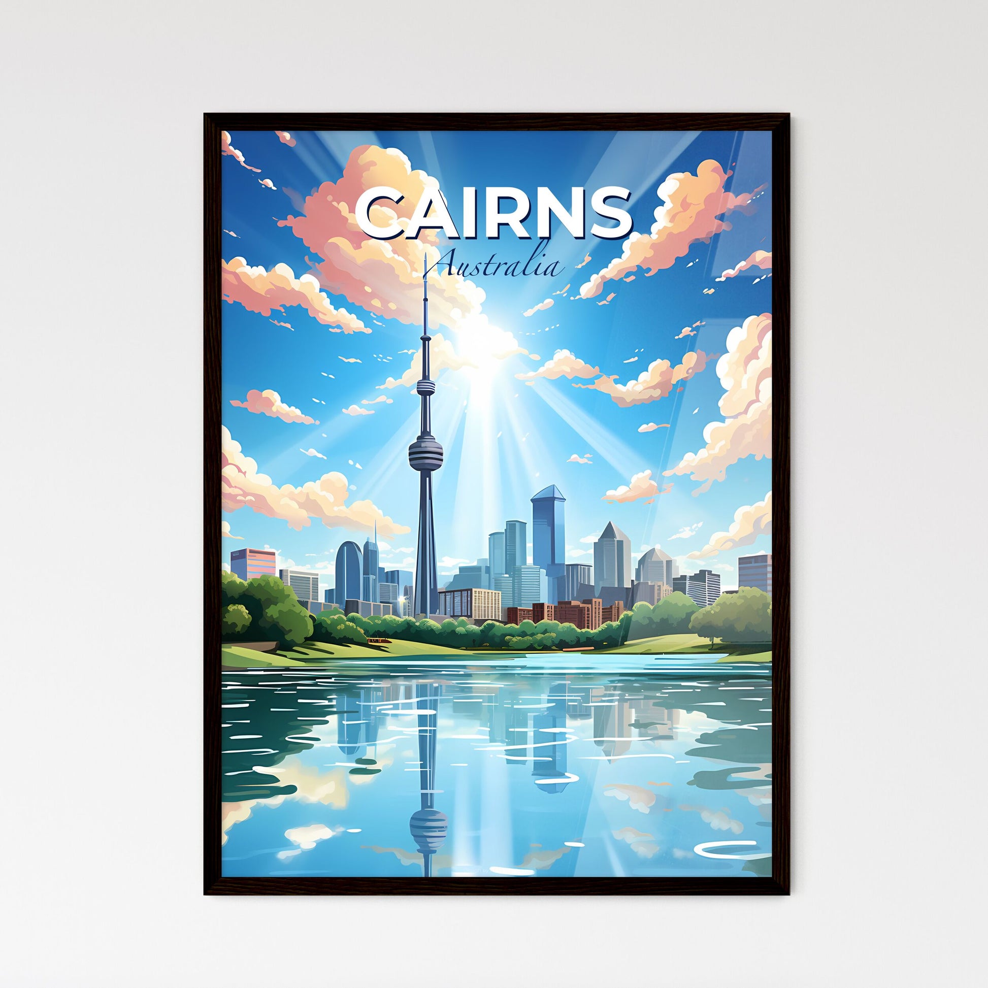 Vibrant Painting of Cairns Skyline Featuring Tower and Water Default Title