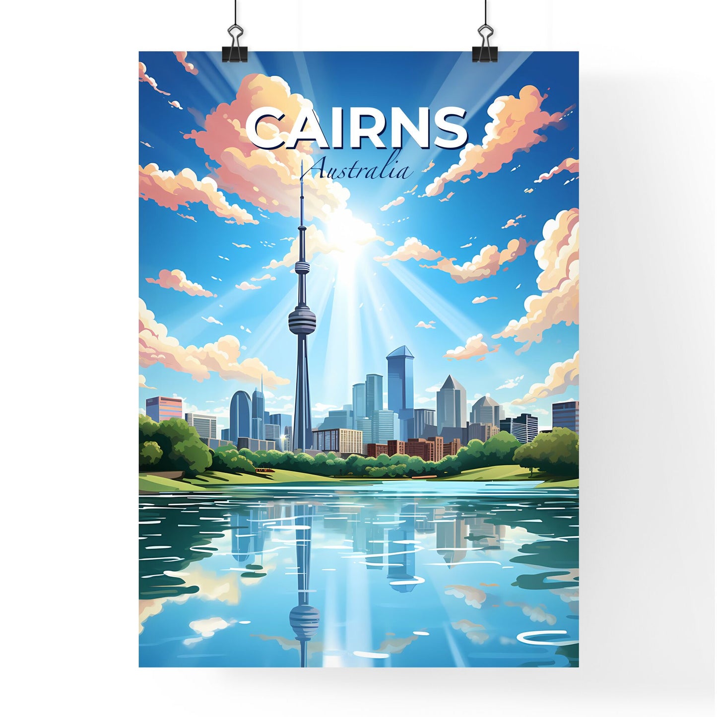 Vibrant Painting of Cairns Skyline Featuring Tower and Water Default Title