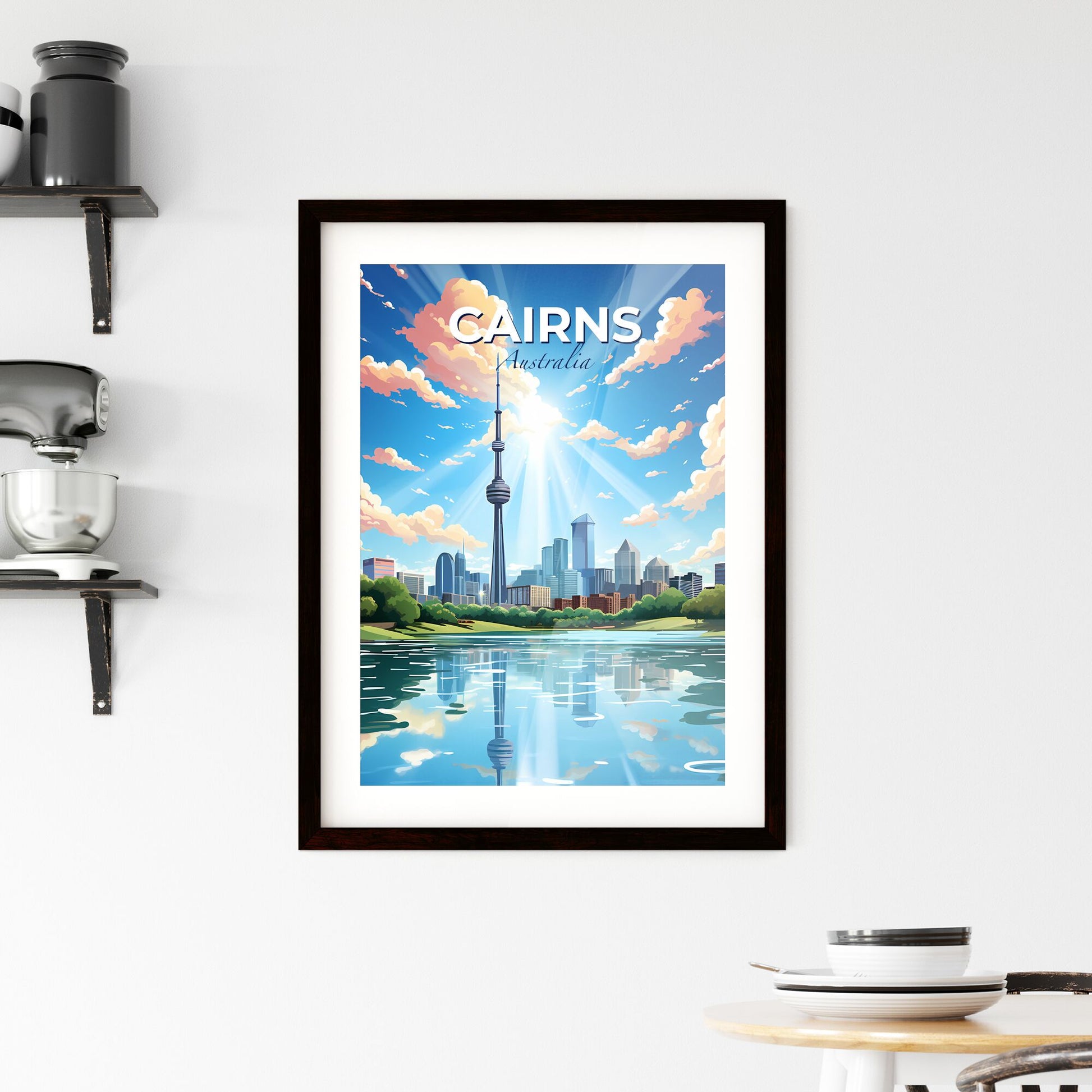 Vibrant Painting of Cairns Skyline Featuring Tower and Water Default Title