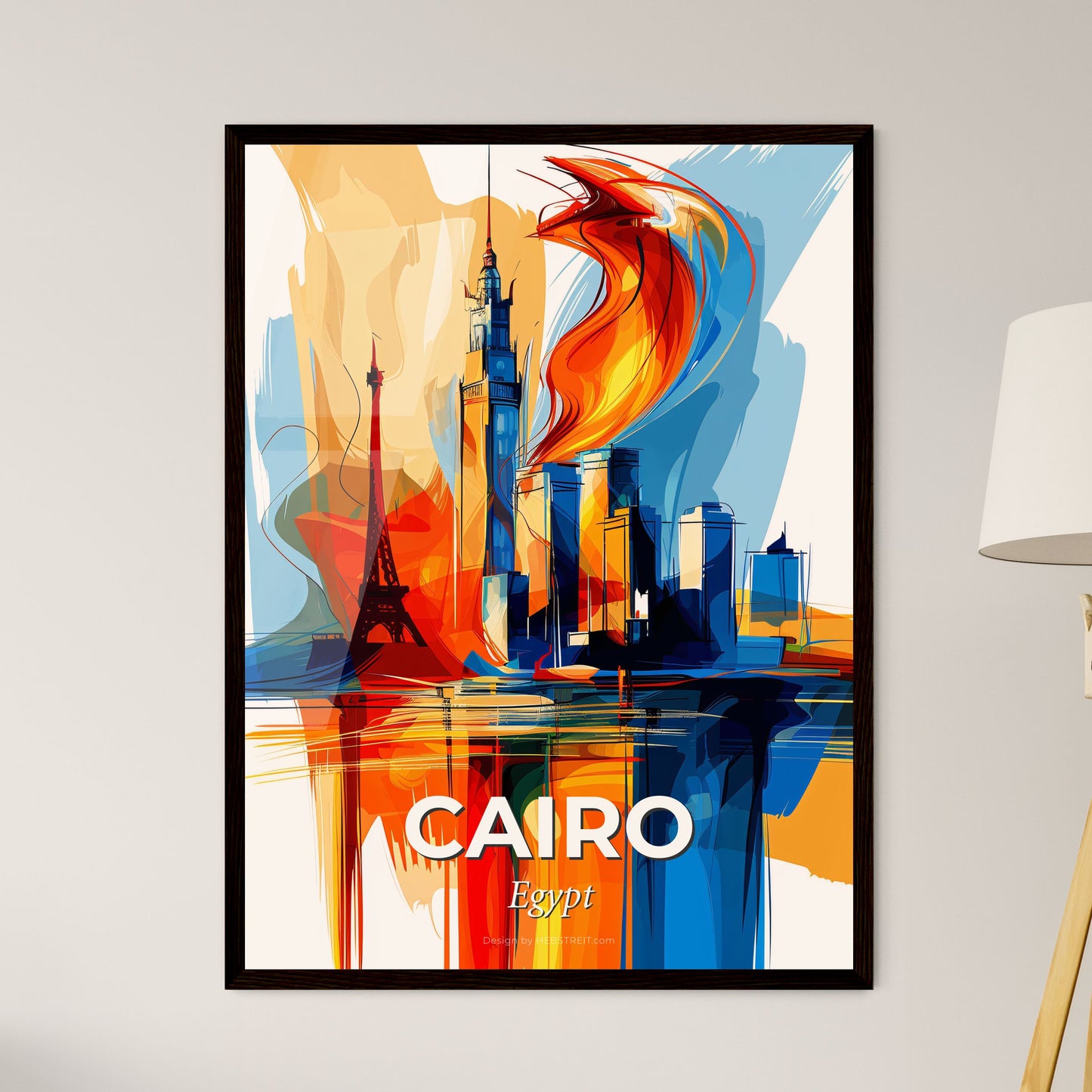 Vibrant Cairo, Egypt - A Painting Of A City With A Tower And Fire