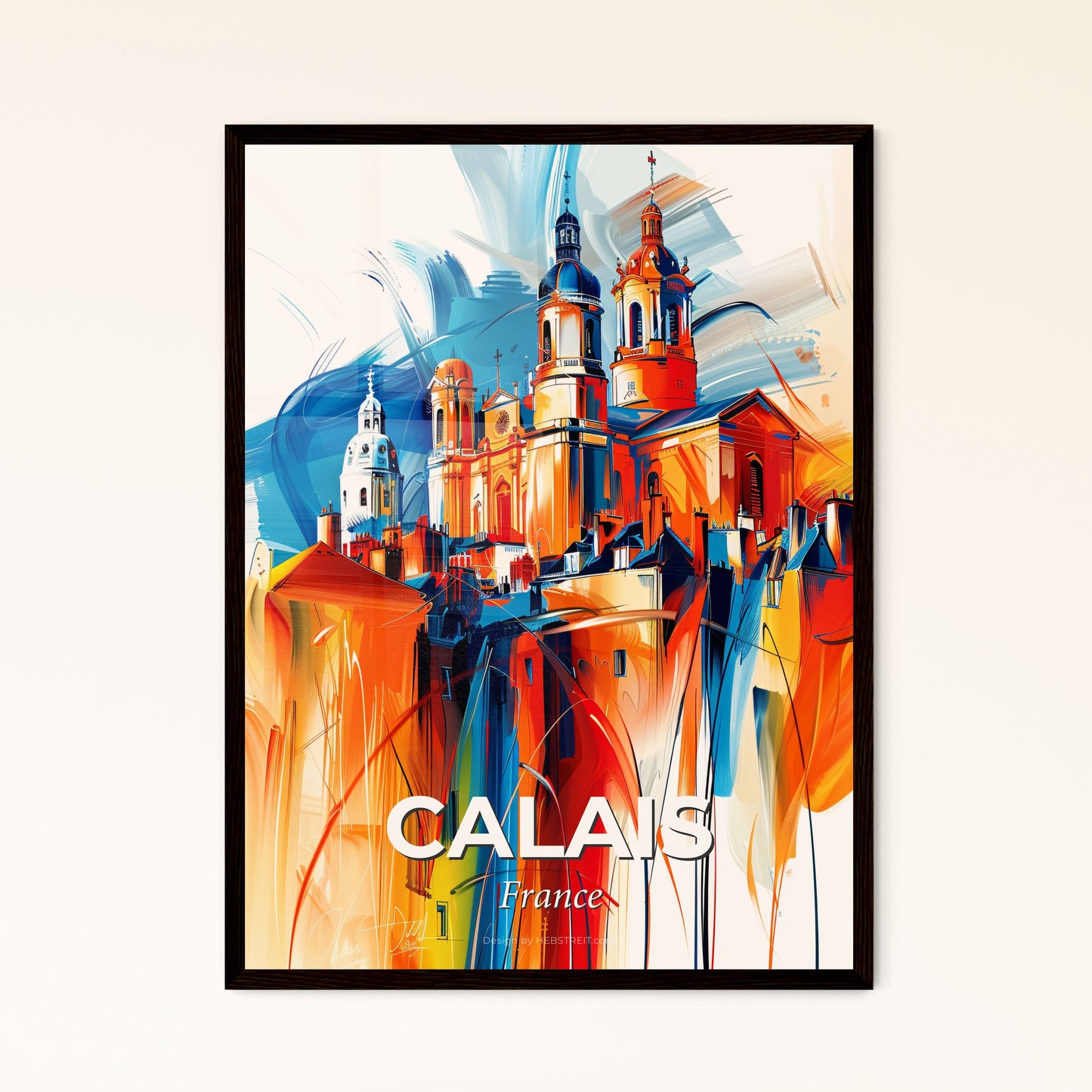 Vibrant Calais, France - A Painting Of A Skyline With A Colorful Building