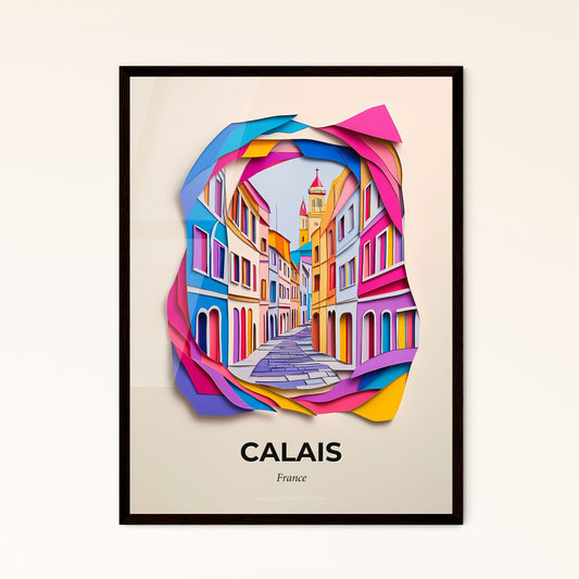 Vivid Calais, France - a colorful city street with a clock tower in the background