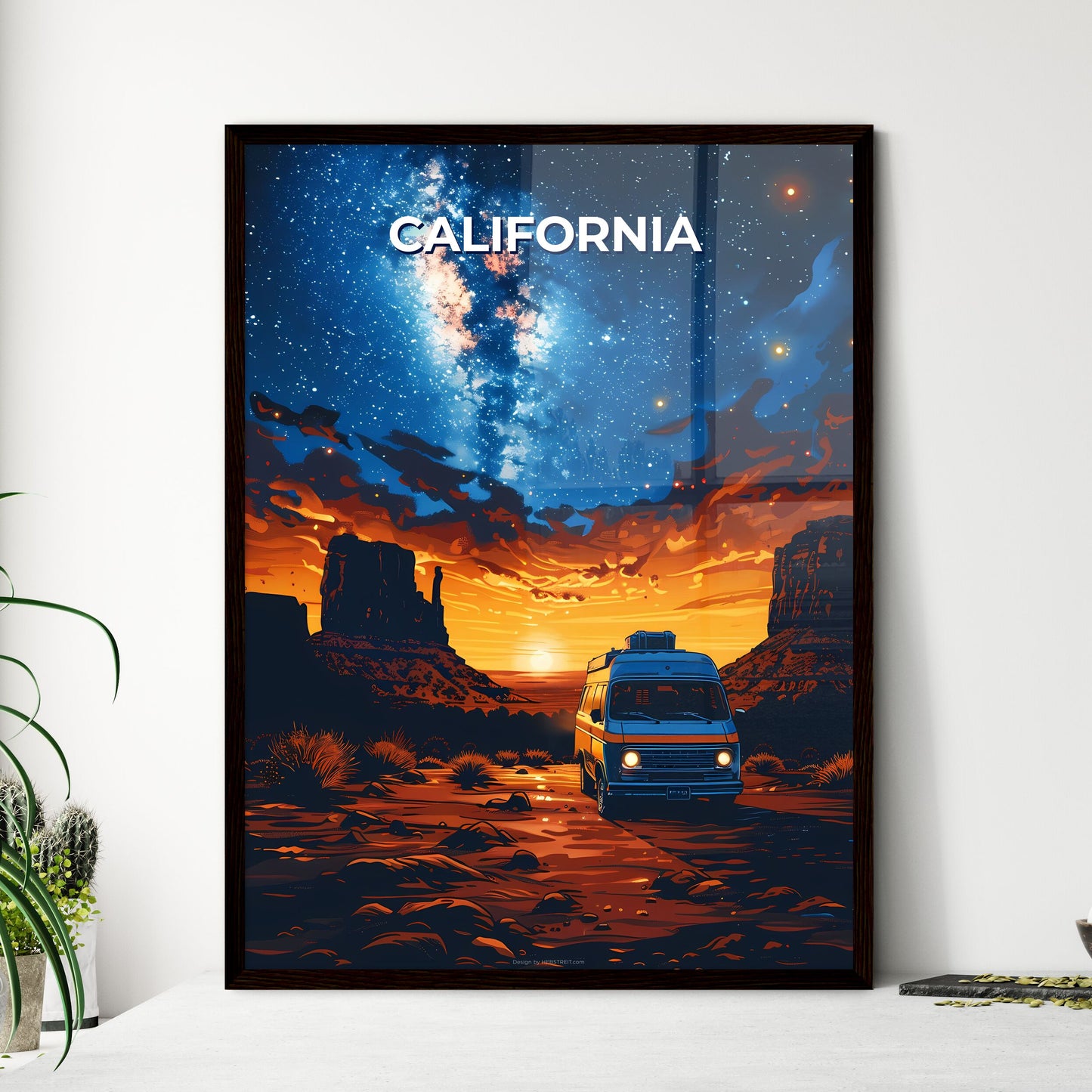 California Desert Van Sunset Vibrant Painting Artwork