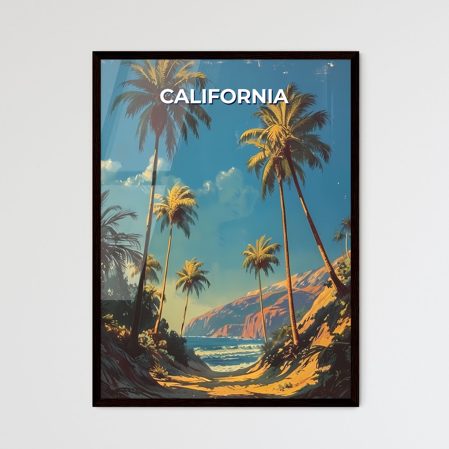 Vibrant Art Depiction of Californian Beach with Palm Trees