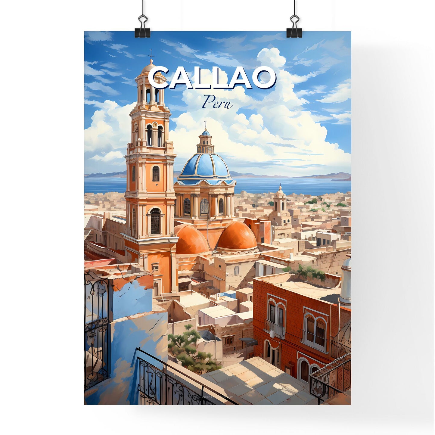 Vibrant Painting: Callao Peru Skyline Depicting Tower and Blue Roof Default Title