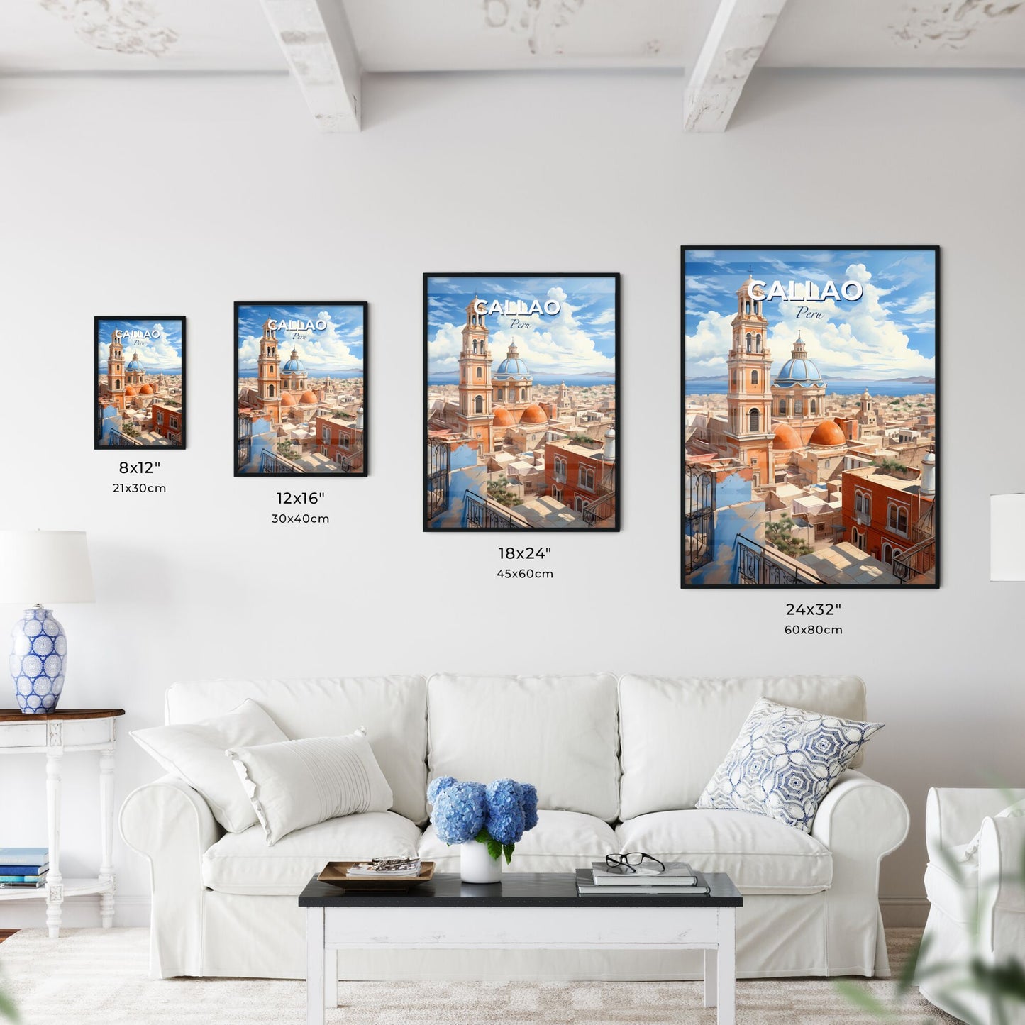 Vibrant Painting: Callao Peru Skyline Depicting Tower and Blue Roof Default Title