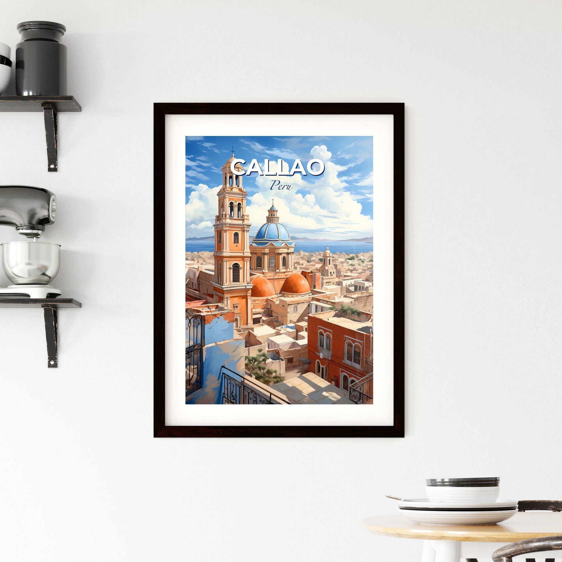 Vibrant Painting: Callao Peru Skyline Depicting Tower and Blue Roof Default Title