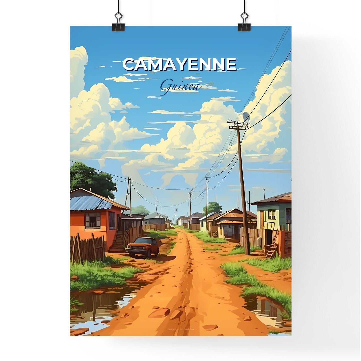 Cityscape Art Painting Vibrant Guinea Camayenne Skyline Dirt Road Houses Cars Default Title