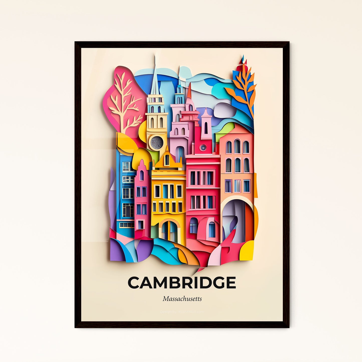 Vivid Cambridge, Massachusetts - a colorful city with a clock tower and a tree