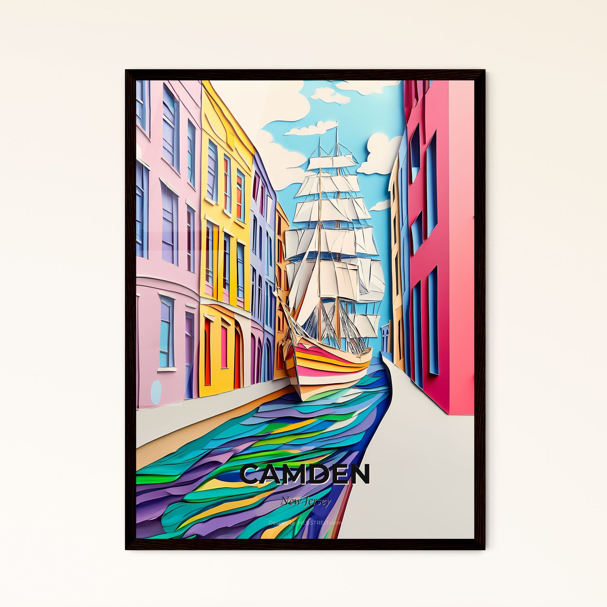 Vivid Camden, New Jersey - a painting of a boat in a narrow street