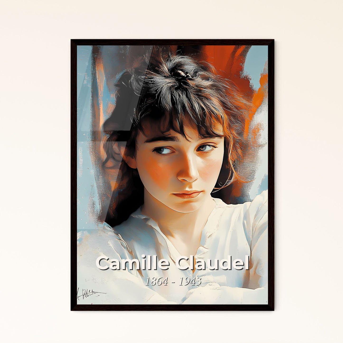 Portrait of Camille Claudel, 1864 - 1943. Impressionistic painting of a woman with dark hair and a white shirt.