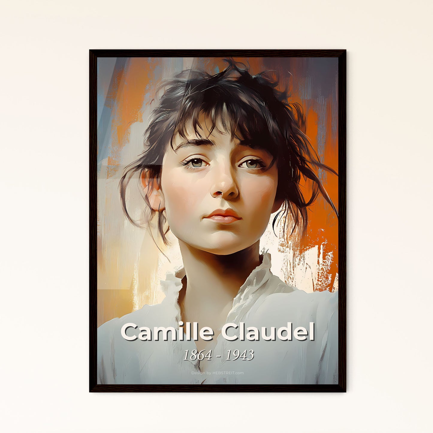 Portrait of Camille Claudel, 1864 - 1943. Impressionistic painting of a woman with dark hair and a white shirt.