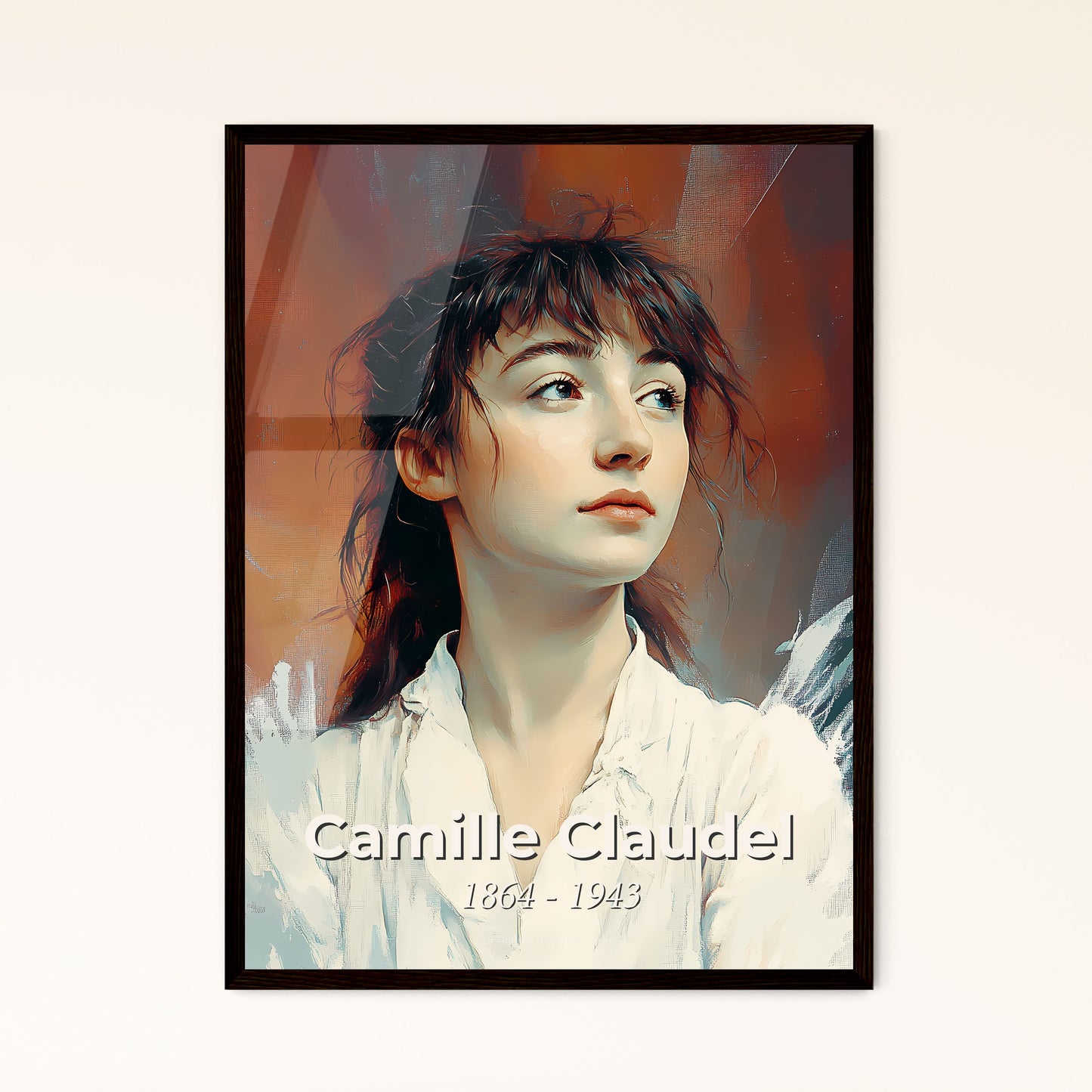 Portrait of Camille Claudel, 1864 - 1943. Impressionistic painting of a woman looking up with a broken glass behind her.