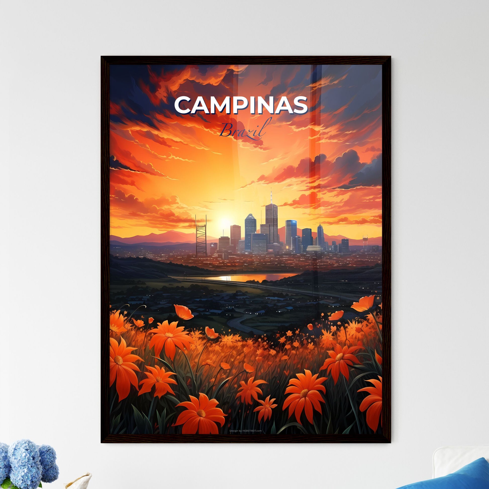 Vibrant Artistic Depiction Skyline Campinas Brazil with River and Orange Flowers Default Title