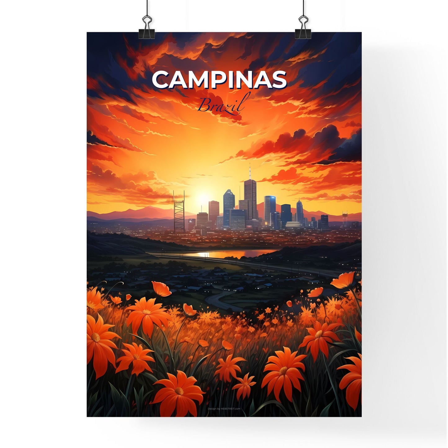 Vibrant Artistic Depiction Skyline Campinas Brazil with River and Orange Flowers Default Title