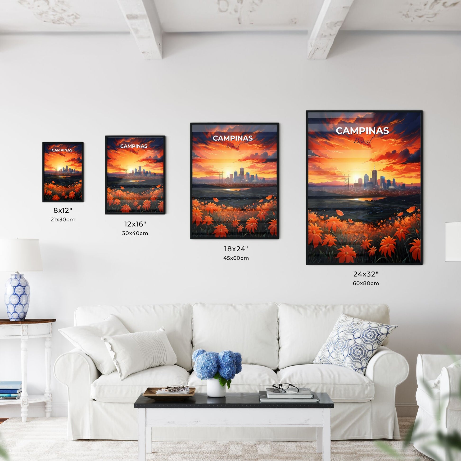 Vibrant Artistic Depiction Skyline Campinas Brazil with River and Orange Flowers Default Title