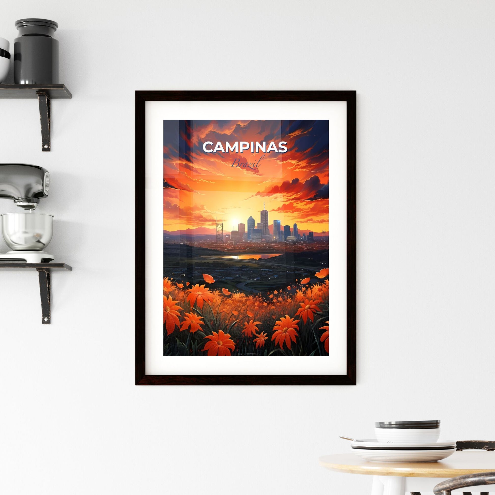 Vibrant Artistic Depiction Skyline Campinas Brazil with River and Orange Flowers Default Title