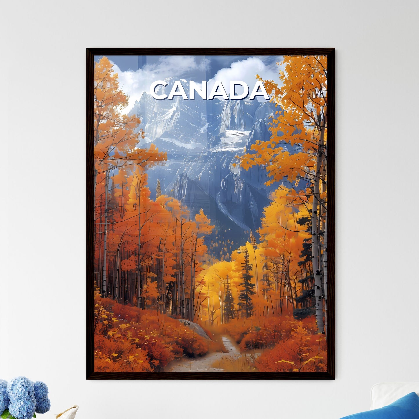 Vibrant Painting of Mountain with Orange Tre - Framed Art Print