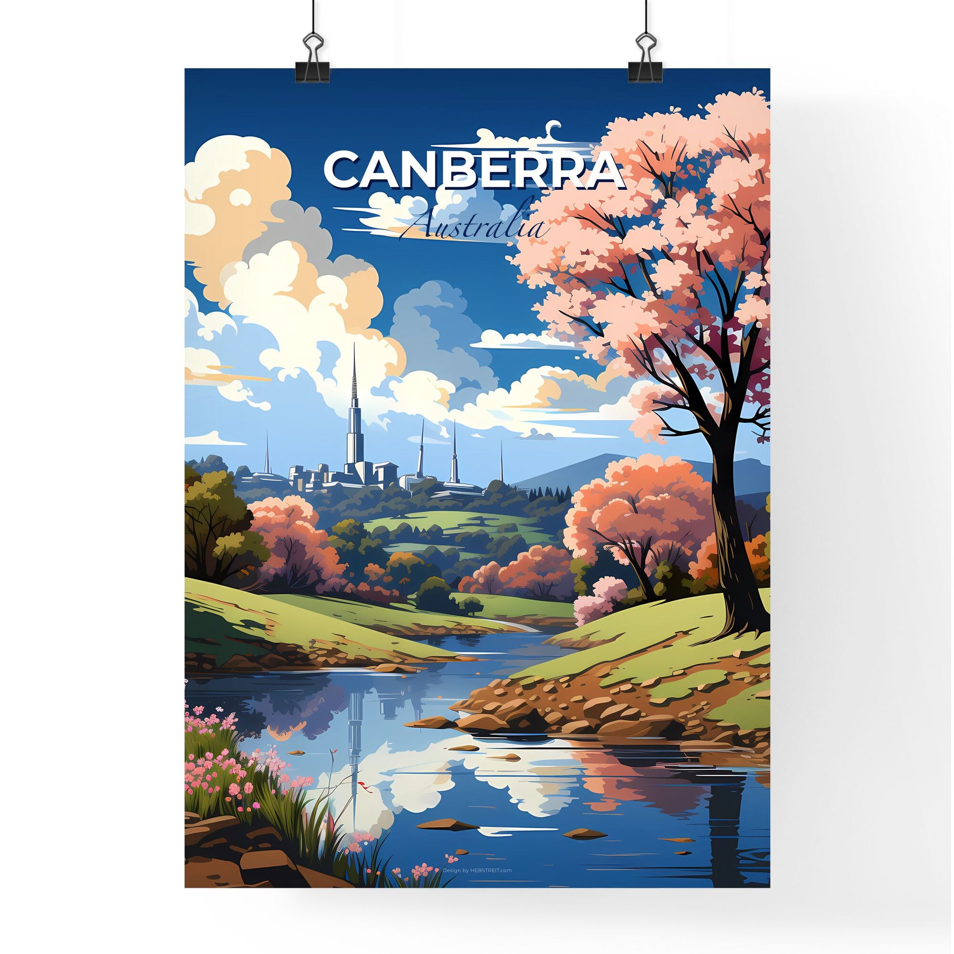 Vibrant Painted Cityscape with River Flowing Through Canberra-Queanbeyan Skyline Default Title