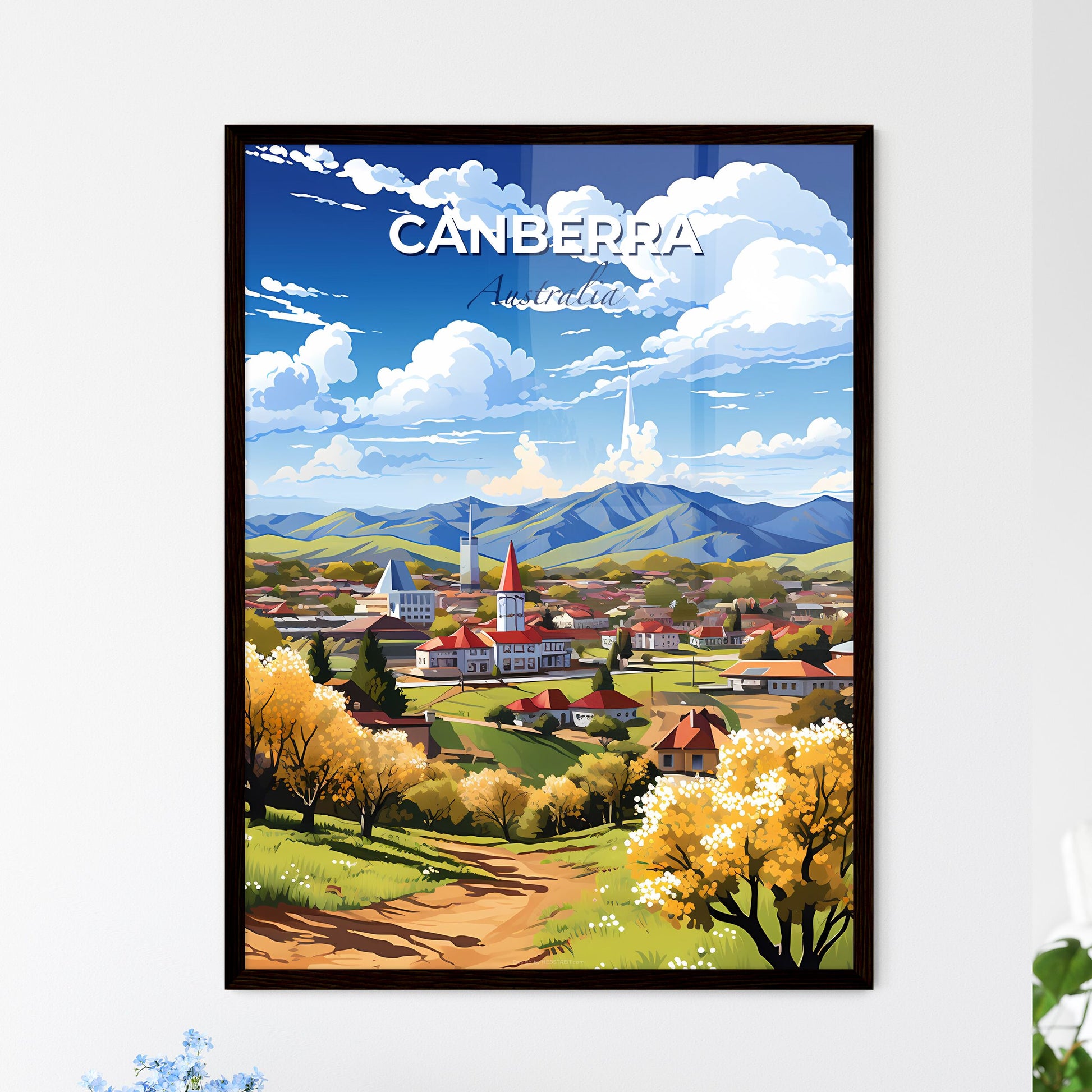 Cityscape Painting of Canberra-Queanbeyan Skyline with Vibrant Colors, Trees, and Scenic Mountains Default Title