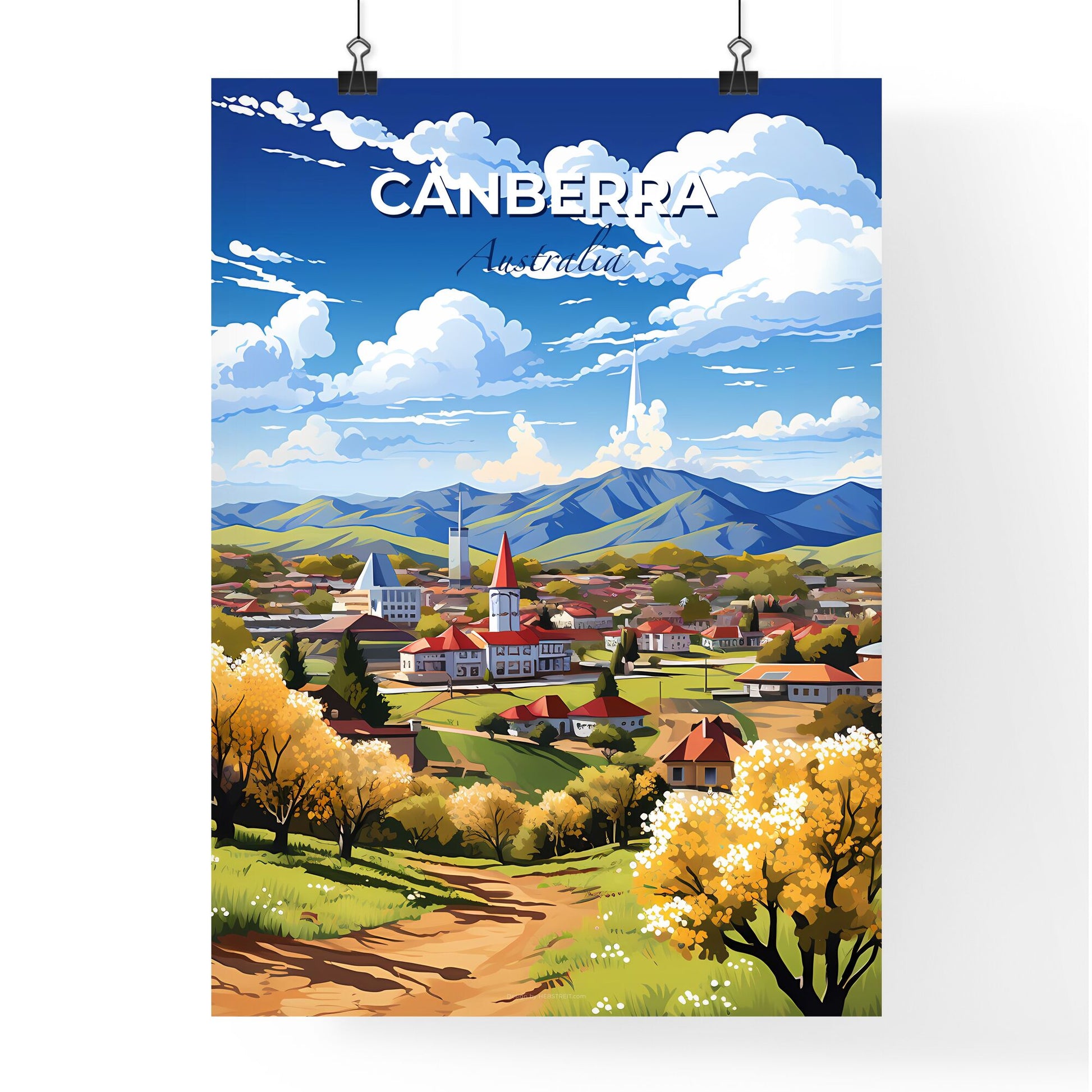 Cityscape Painting of Canberra-Queanbeyan Skyline with Vibrant Colors, Trees, and Scenic Mountains Default Title