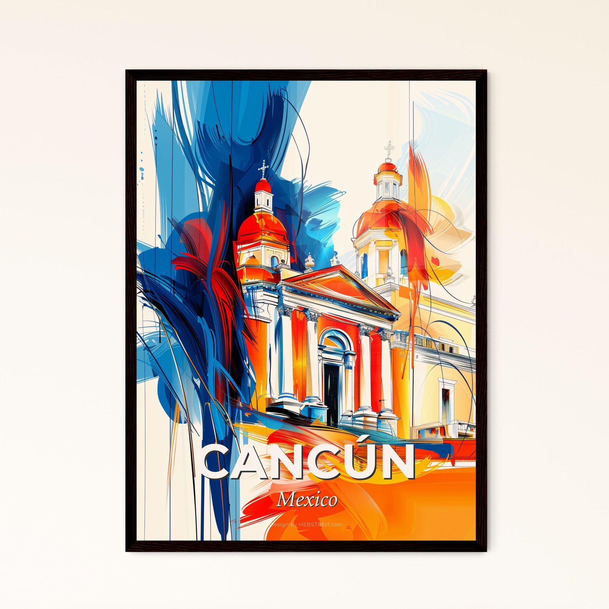 Vibrant Cancún, Mexico - A Painting Of A Building With A Colorful Background