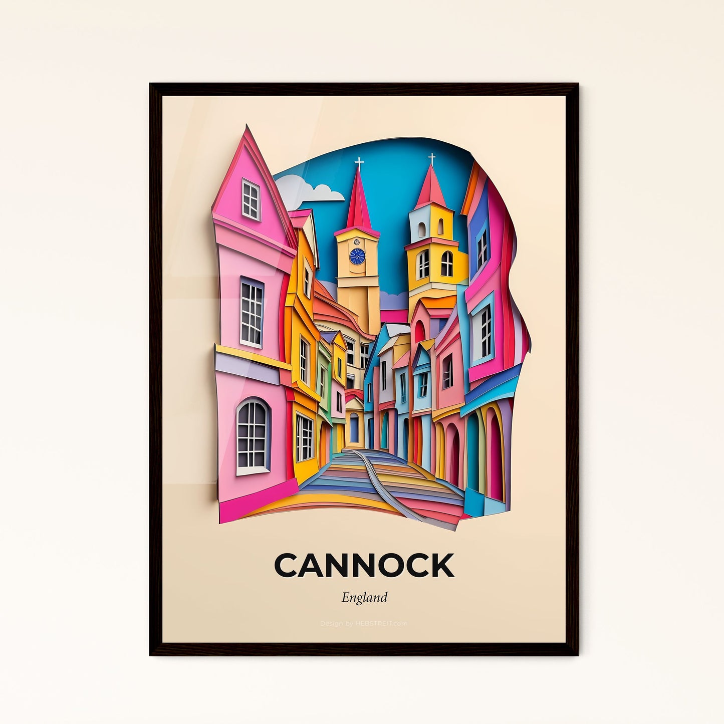 Vivid Cannock, England - a paper cut of a city with a clock tower