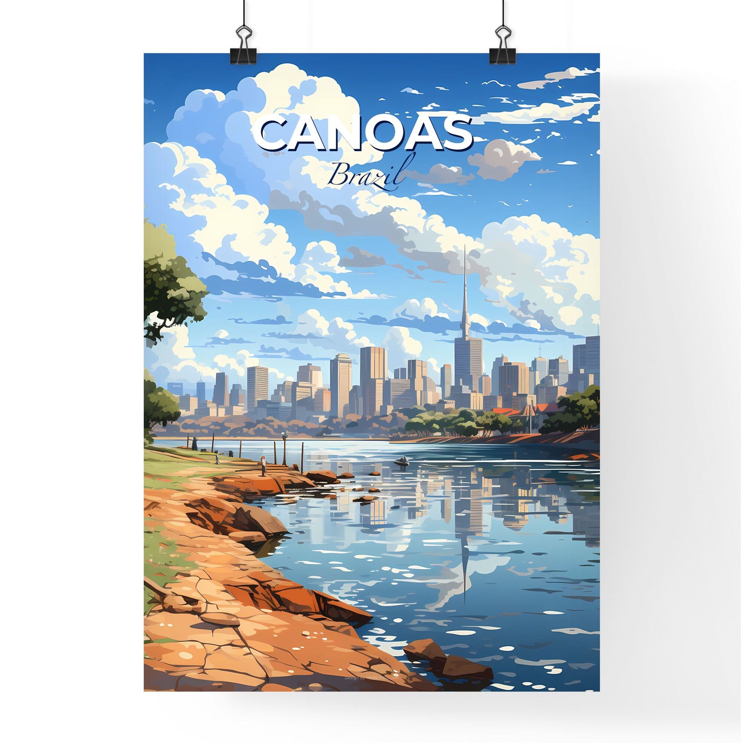 Canoas Cityscape Artistic Painting, Riverfront with Trees and City Skyline Default Title