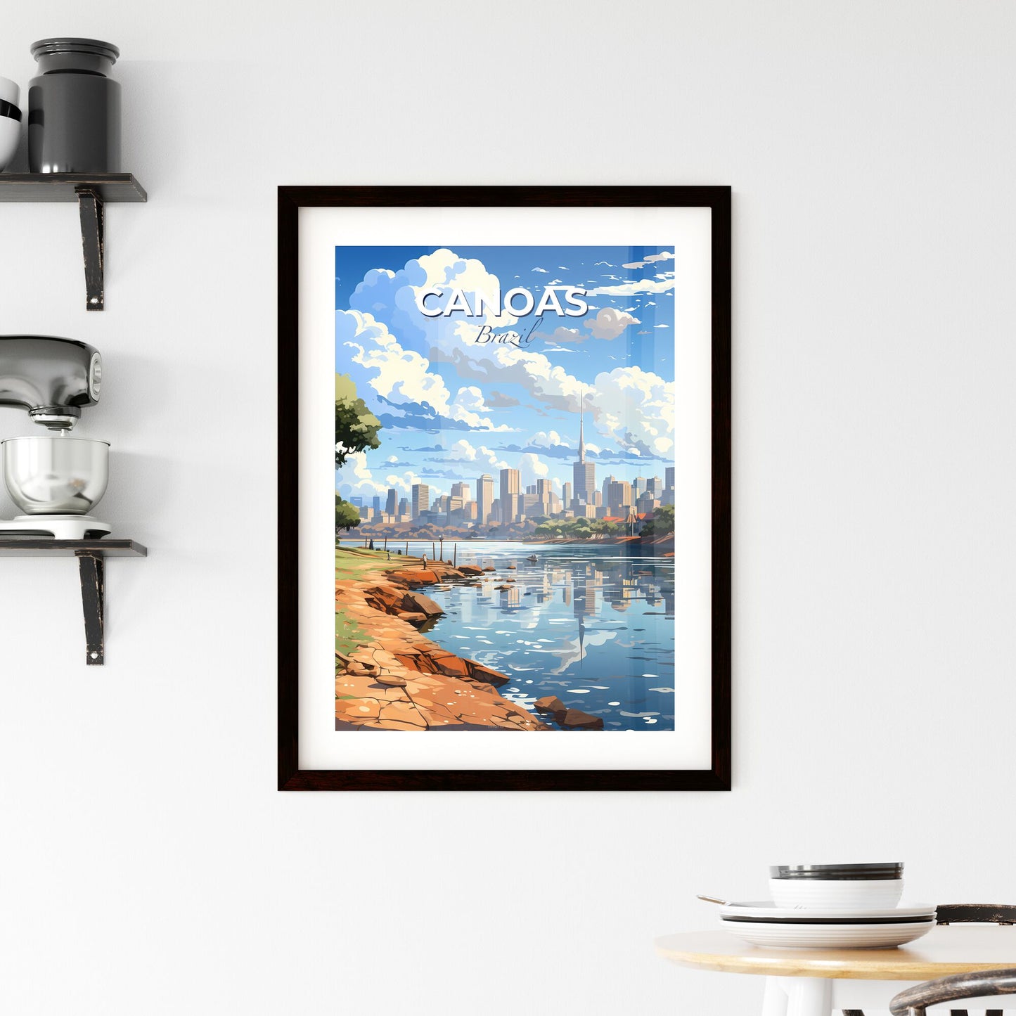 Canoas Cityscape Artistic Painting, Riverfront with Trees and City Skyline Default Title