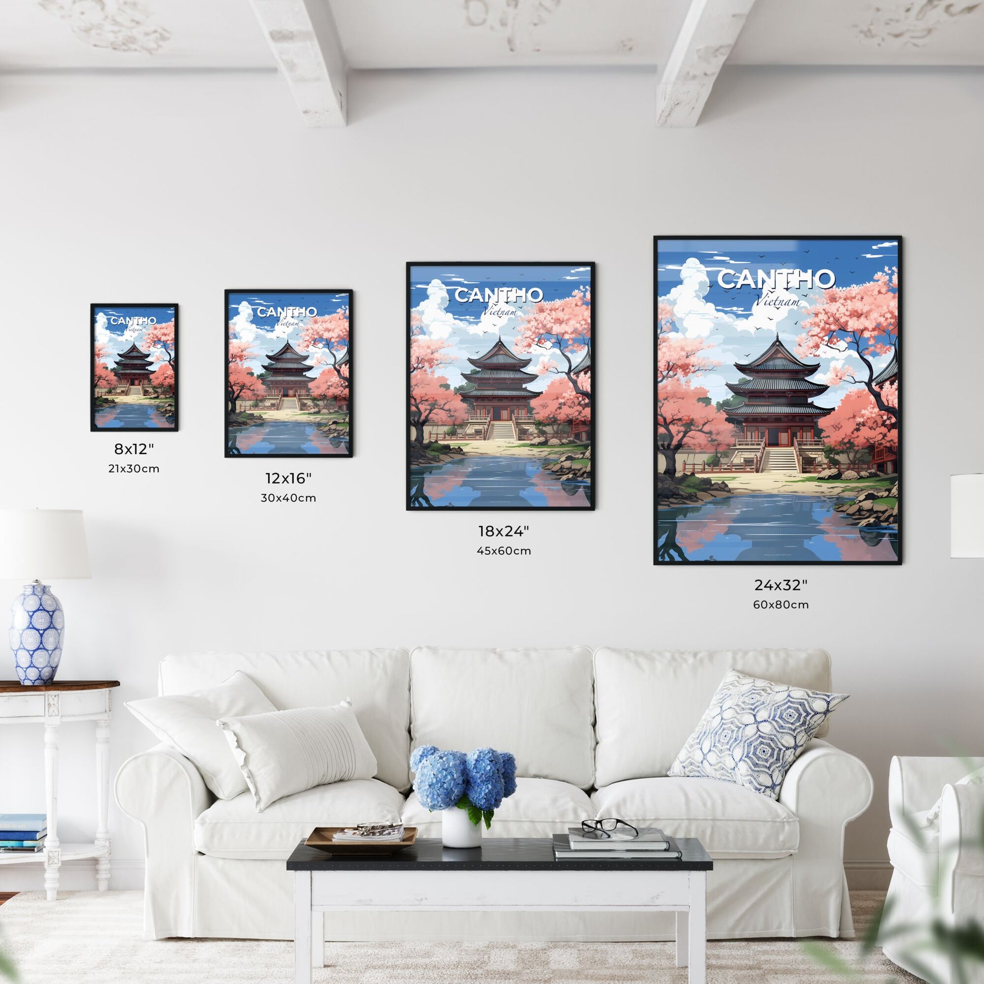 Cantho Vietnam Skyline Asian Cityscape Painting Wall Art Pond Flowers Buildings Default Title