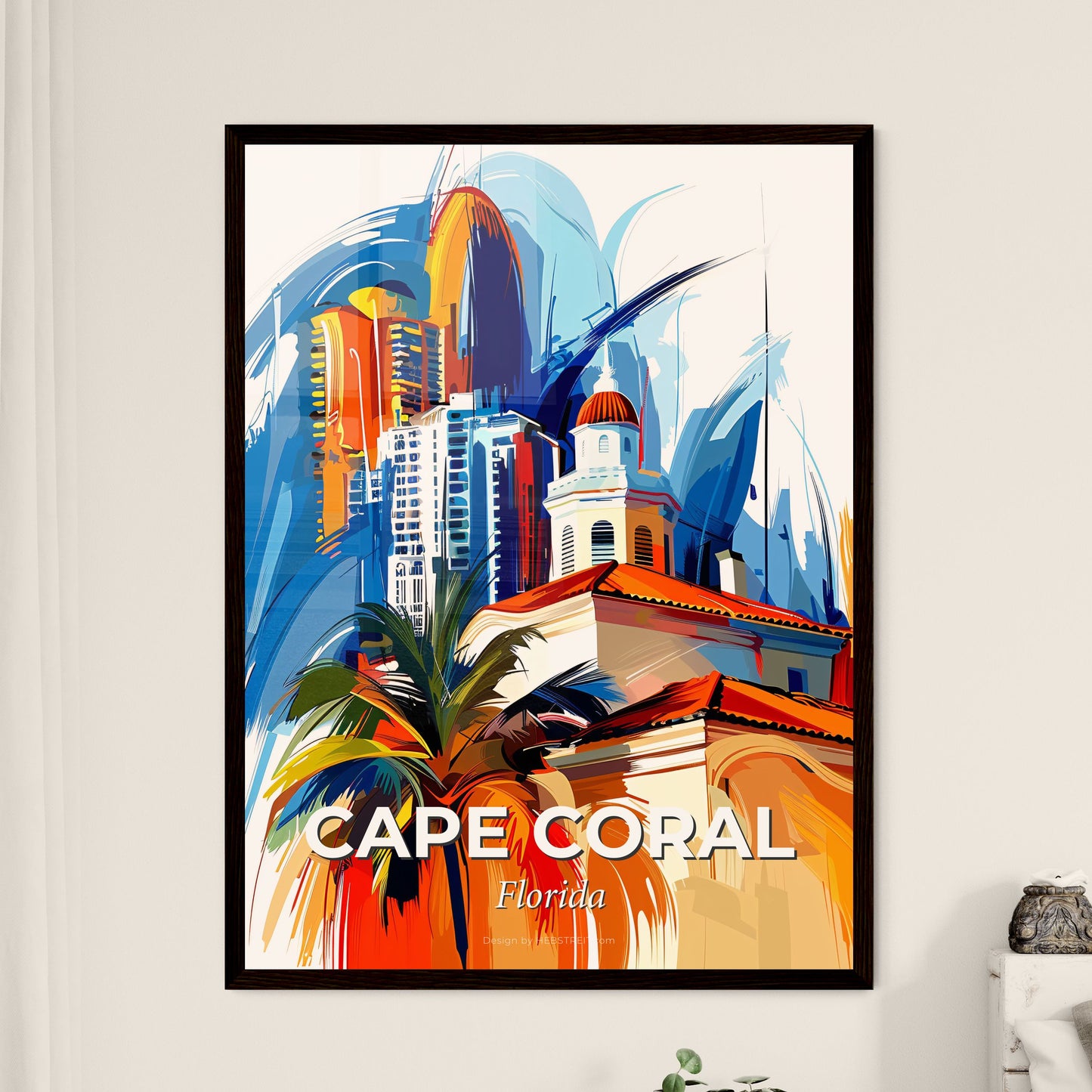 Vibrant Cape Coral, Florida - A Painting Of A Building With Palm Trees