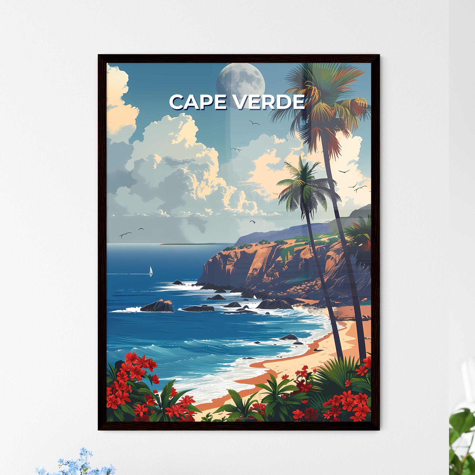 Cape Verde Archipelago, Africa | Artistic Beach Painting with Vibrant Palm Trees, Flowers, Artwork Focus