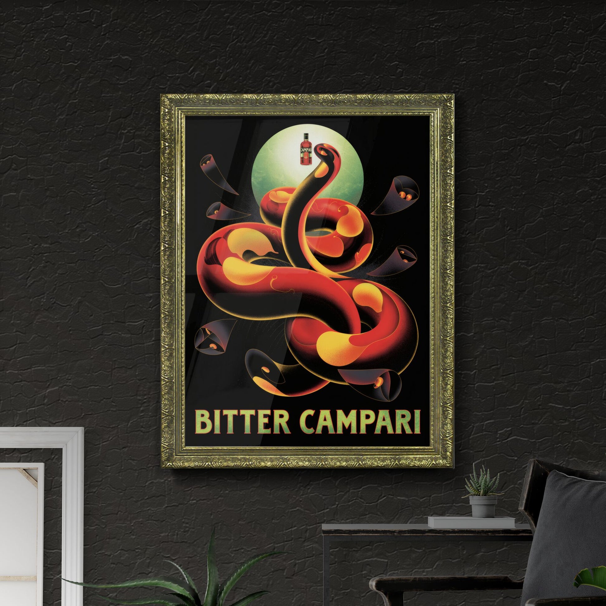 Captivating Artwork of a Vibrant Snake Embracing the Essence of Bitter Campari on a Dark Background.