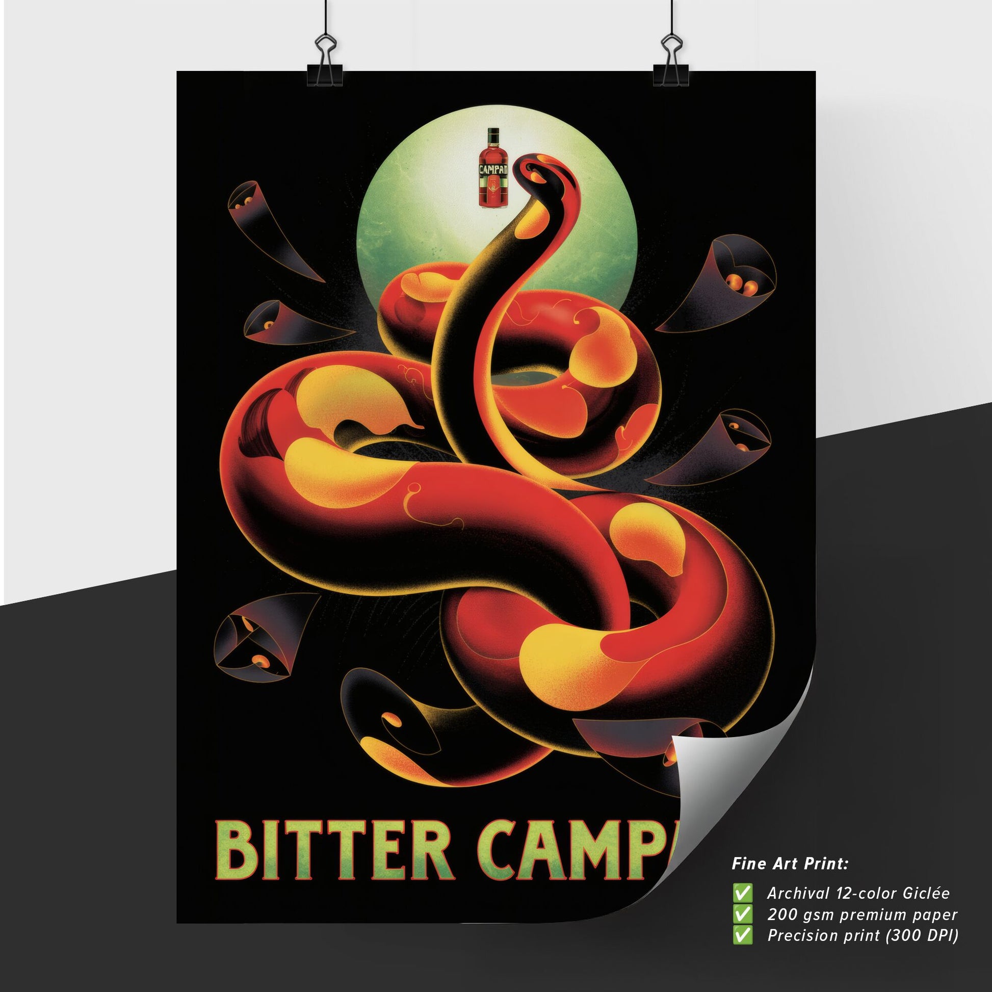 Captivating Artwork of a Vibrant Snake Embracing the Essence of Bitter Campari on a Dark Background.
