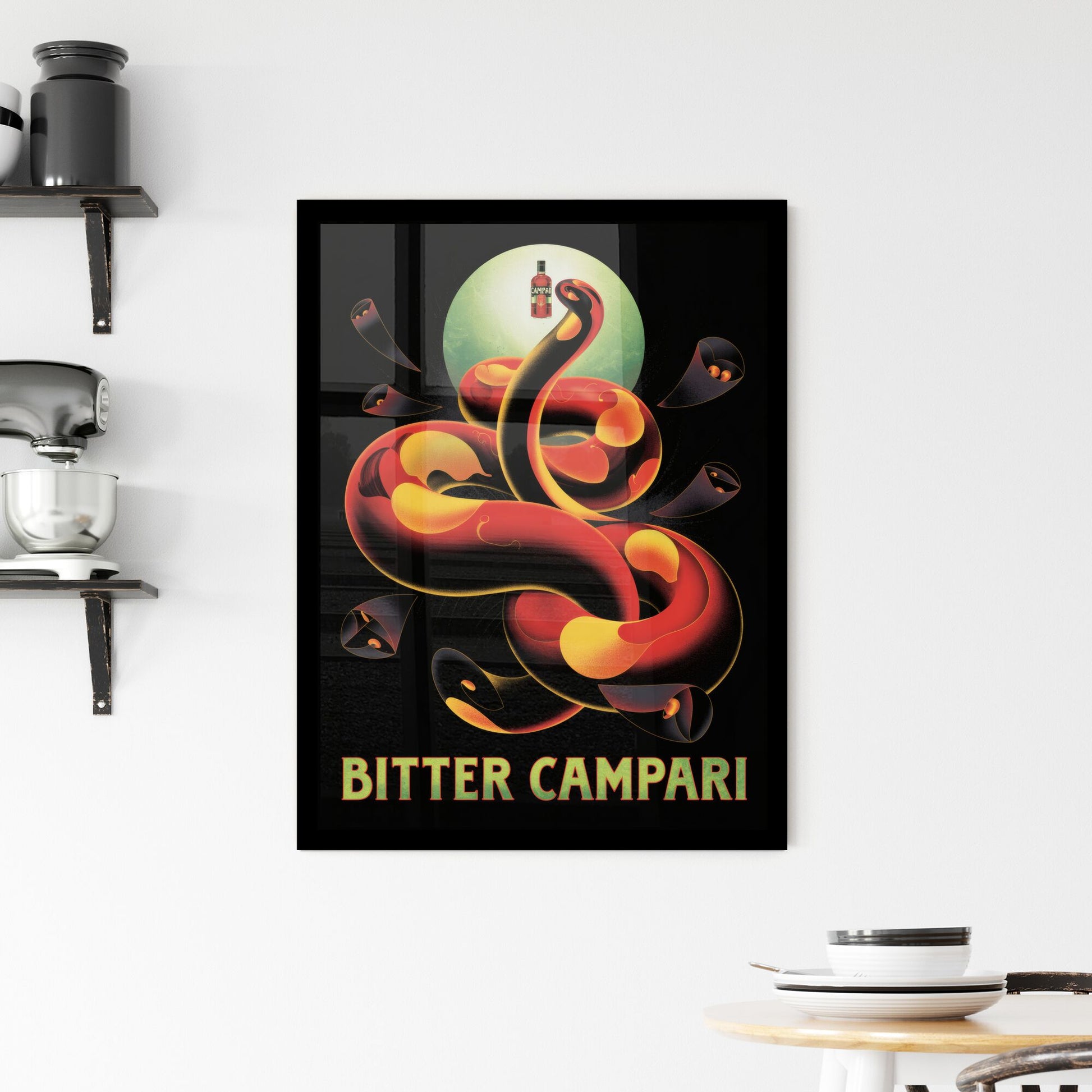 Captivating Artwork of a Vibrant Snake Embracing the Essence of Bitter Campari on a Dark Background. Framed Print