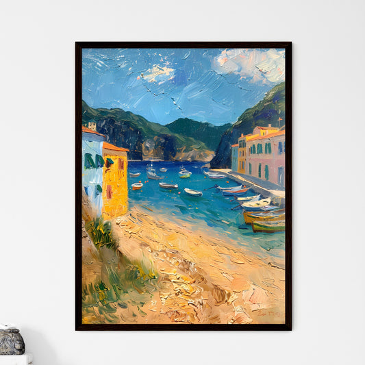 Vibrant Italian Seaside Fishing Village Painting: Colorful Houses, Azure Waters, Bustling Locals Under Warm Mediterranean Sun Framed Art