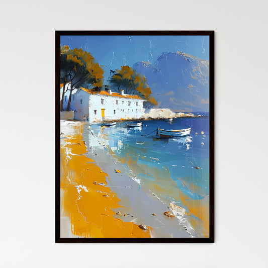 Mediterranean Fishing Village Art Painting, Colorful Houses, Fishing Boats, White Building, Beach, Summer, Coastal, Artwork, Scenery Framed Art