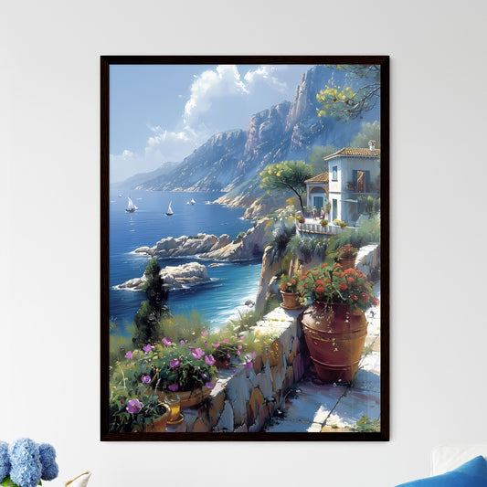 Colorful Italian Seaside Village Scene: Flowers on Stone Wall Overlooking Azure Waters Framed Art