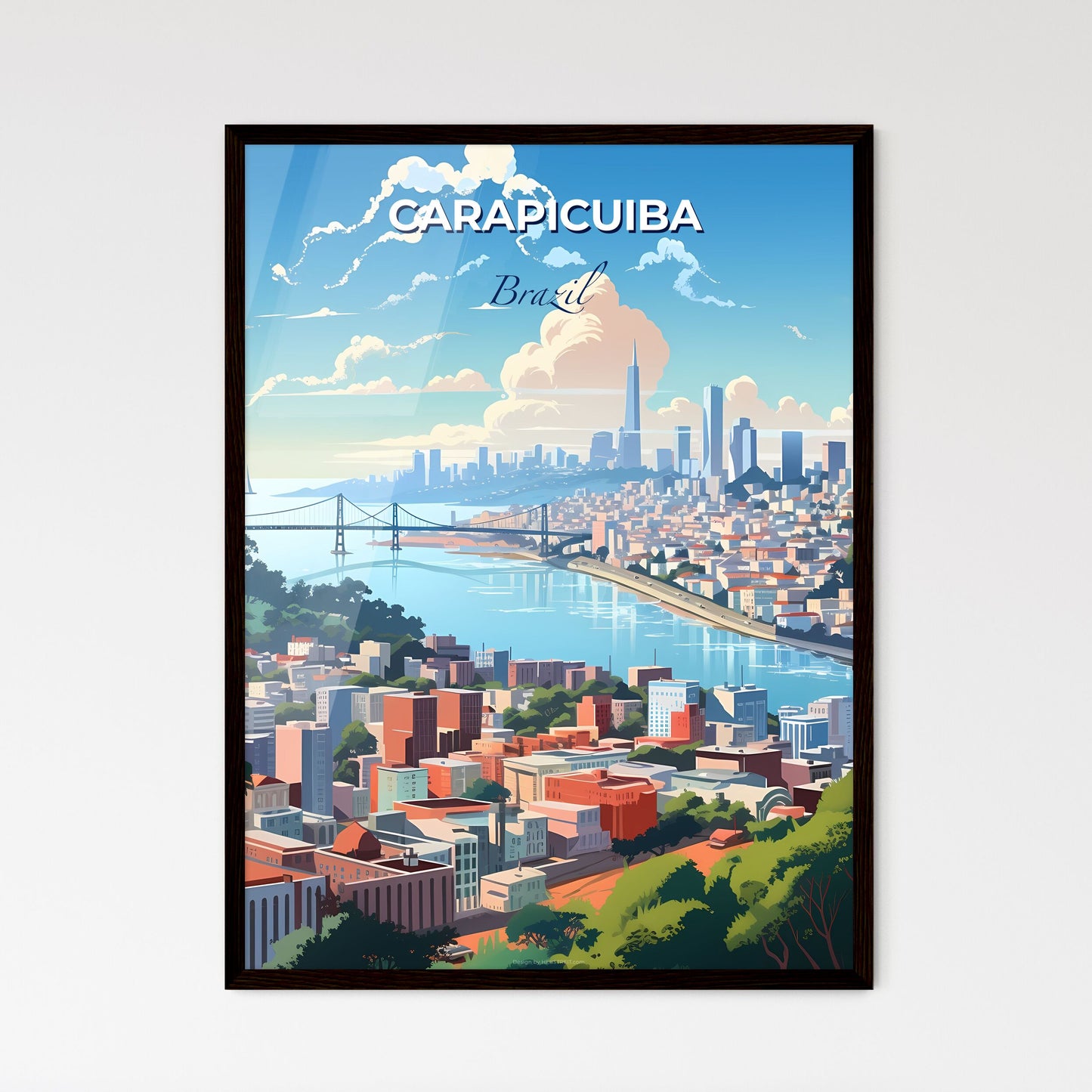 Vibrant Painting Depicting Carapicuiba Brazil Skyline with Bridge and River Default Title