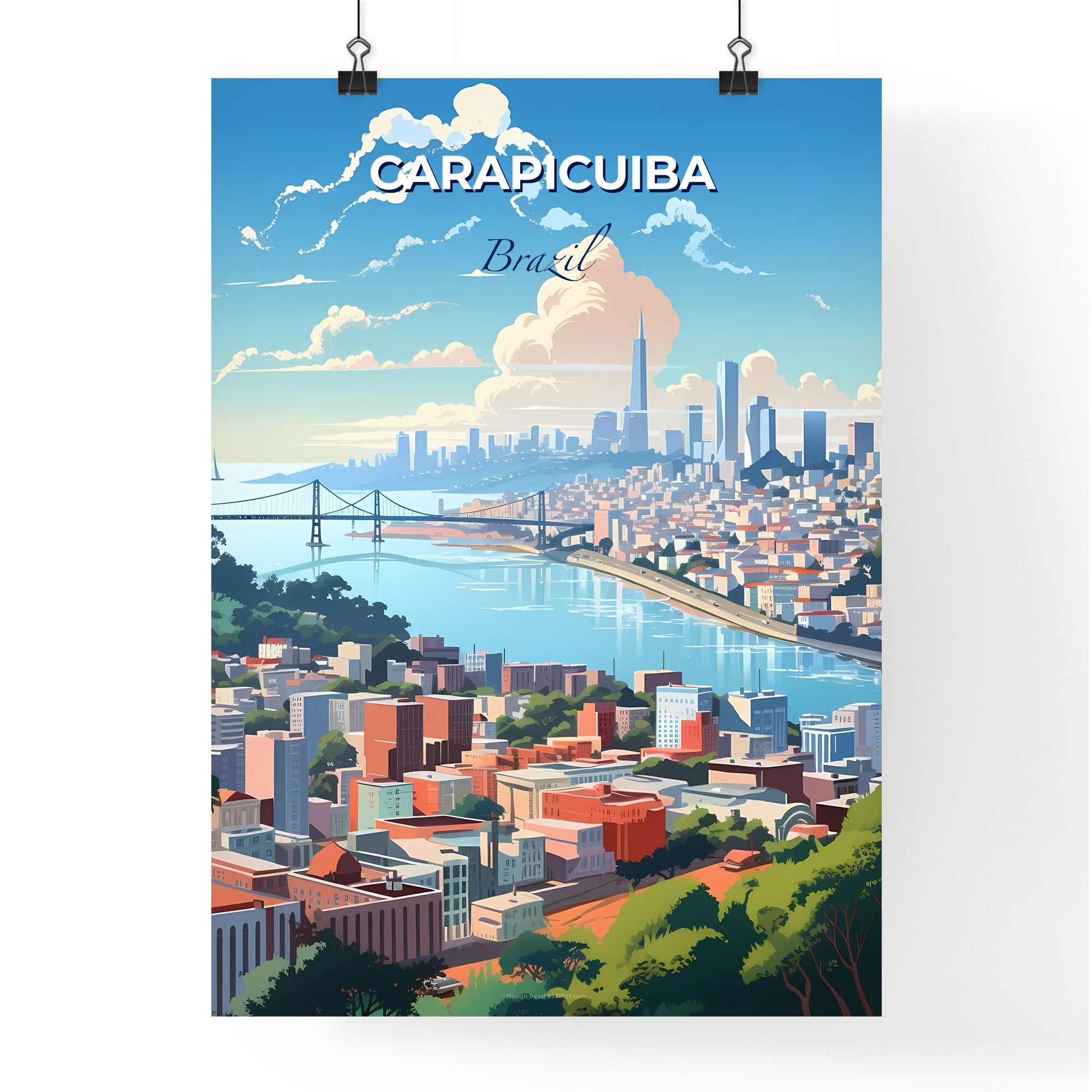 Vibrant Painting Depicting Carapicuiba Brazil Skyline with Bridge and River Default Title