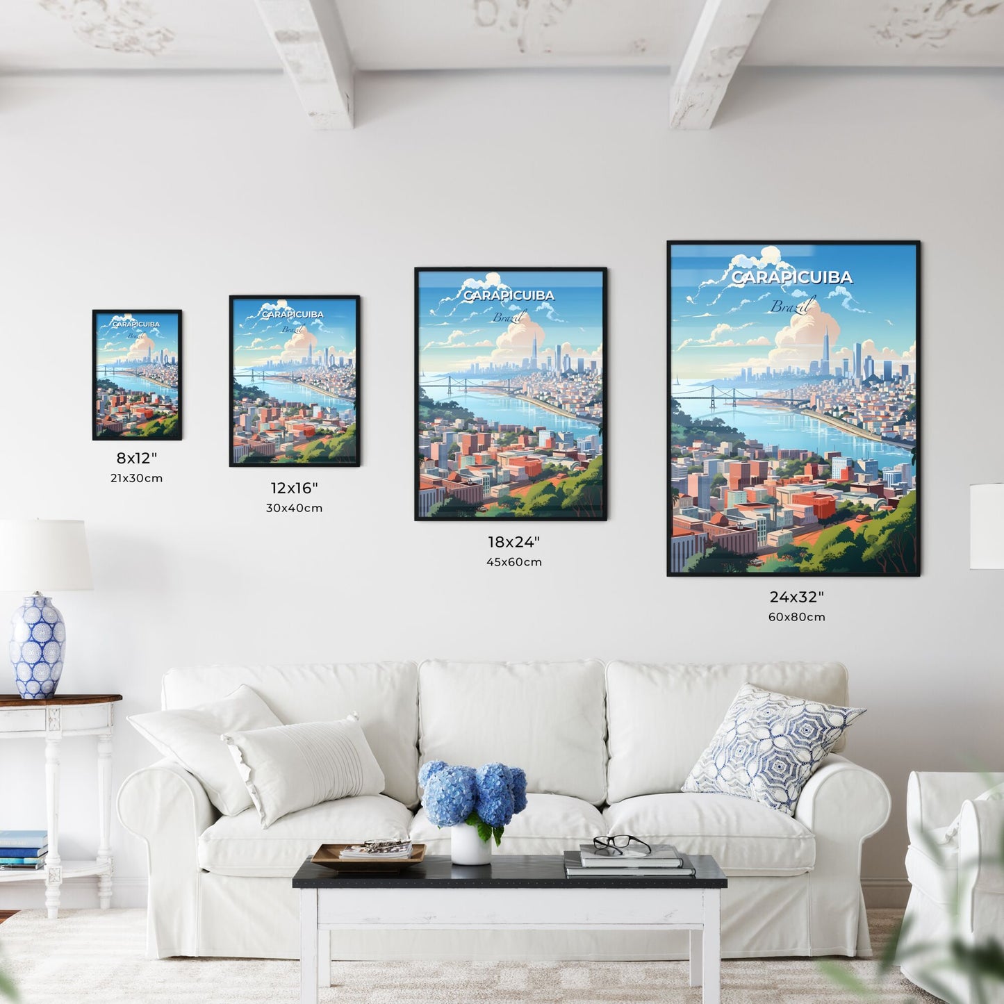 Vibrant Painting Depicting Carapicuiba Brazil Skyline with Bridge and River Default Title