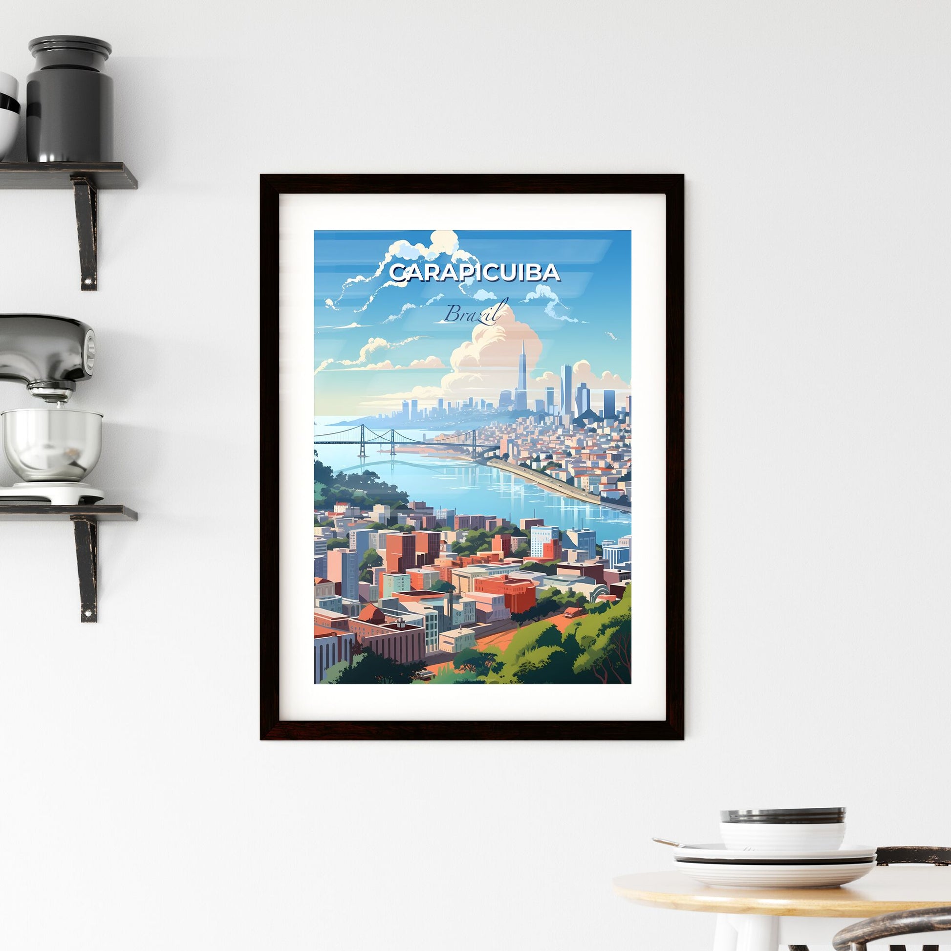 Vibrant Painting Depicting Carapicuiba Brazil Skyline with Bridge and River Default Title