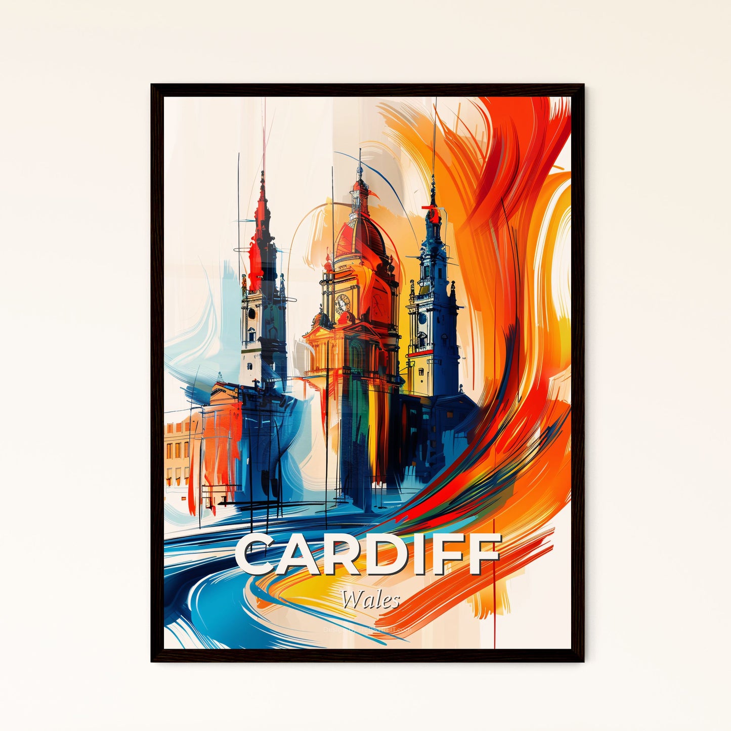 Vibrant Cardiff, Wales - A Painting Of A Building With Towers And A Colorful Brushstroke