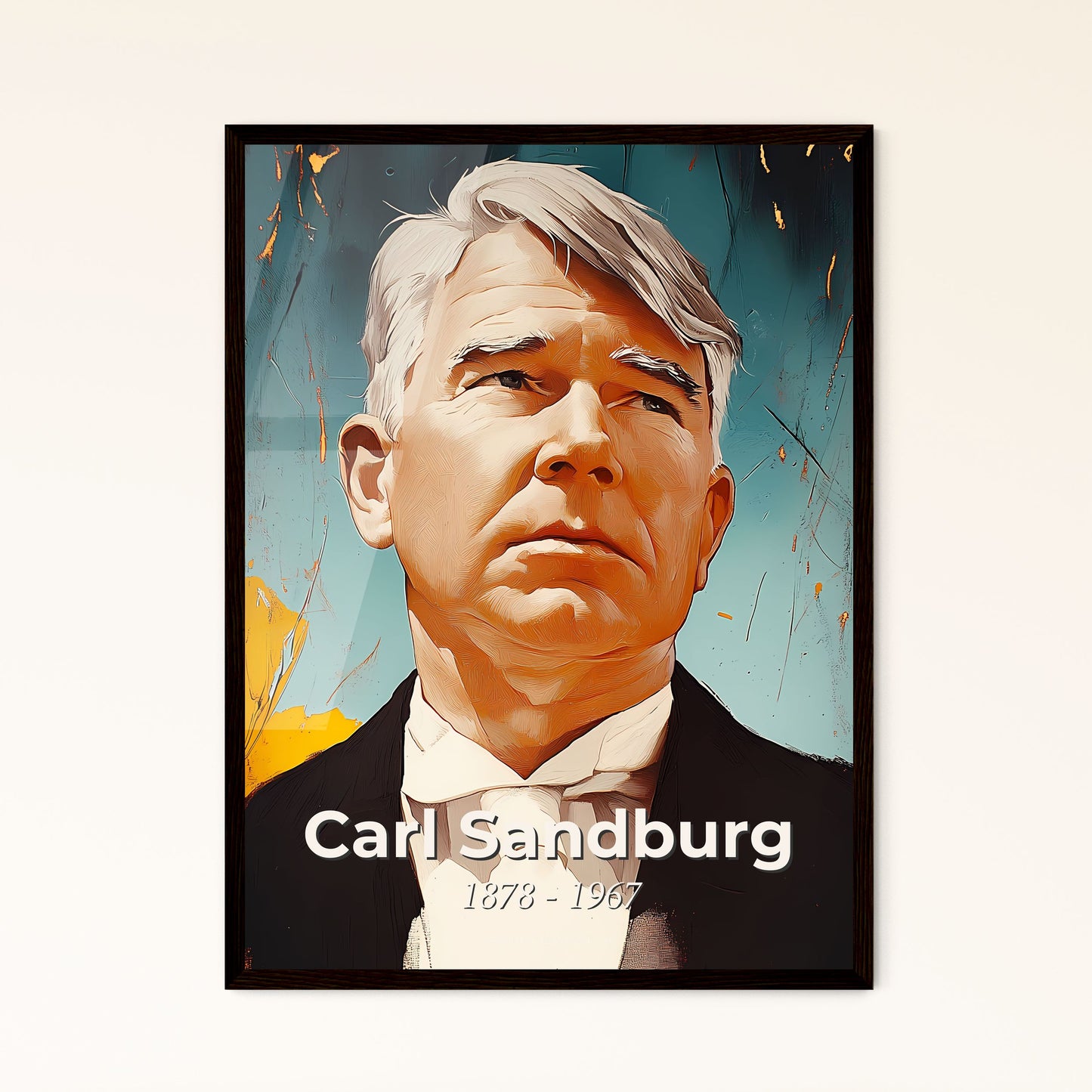 Portrait of Carl Sandburg, 1878 - 1967. Impressionistic painting of a man in a suit.