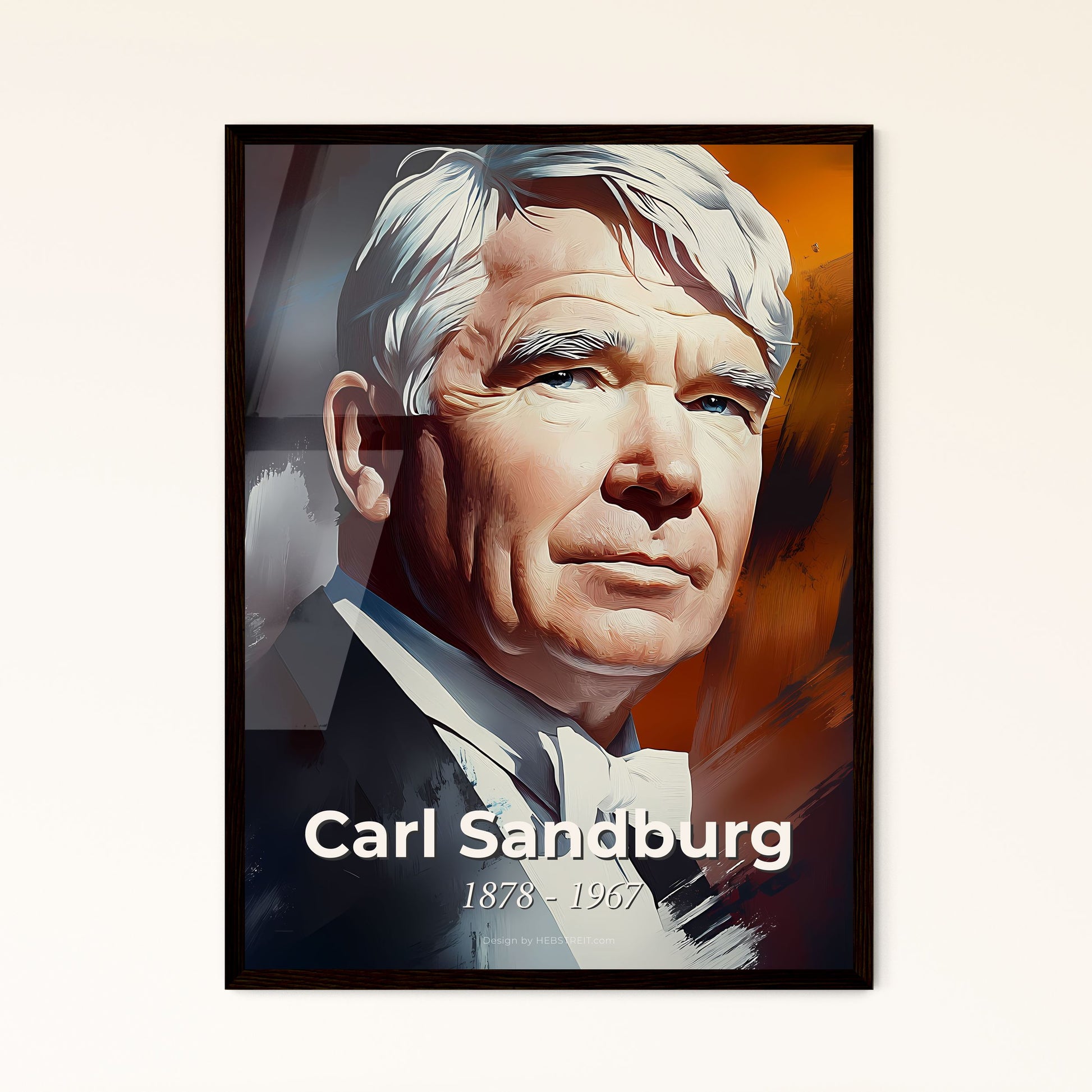 Portrait of Carl Sandburg, 1878 - 1967. Impressionistic painting of a man in a suit.