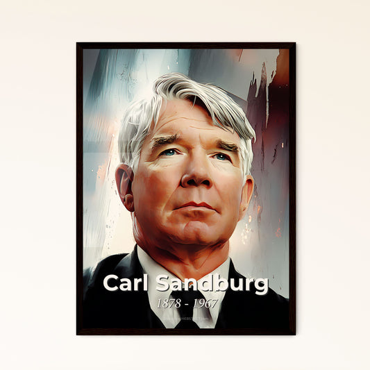 Portrait of Carl Sandburg, 1878 - 1967. Impressionistic painting of a man in a suit and tie.