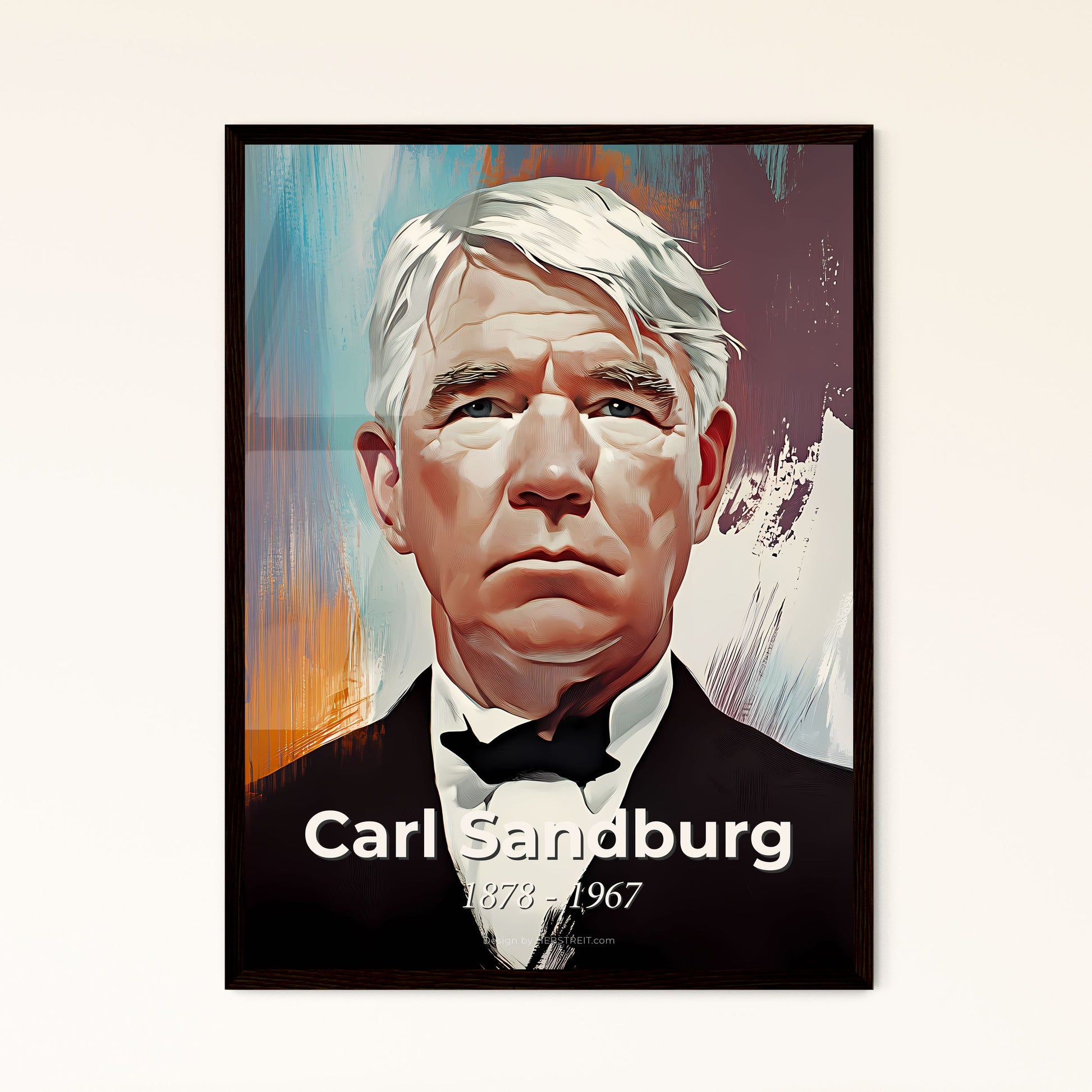 Portrait of Carl Sandburg, 1878 - 1967. Impressionistic painting of a man in a suit.