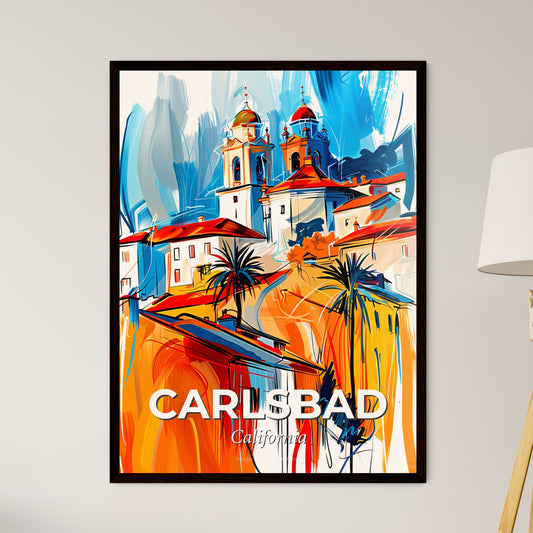 Vibrant Carlsbad, California - A Painting Of A Building With A Bell Tower And Palm Trees